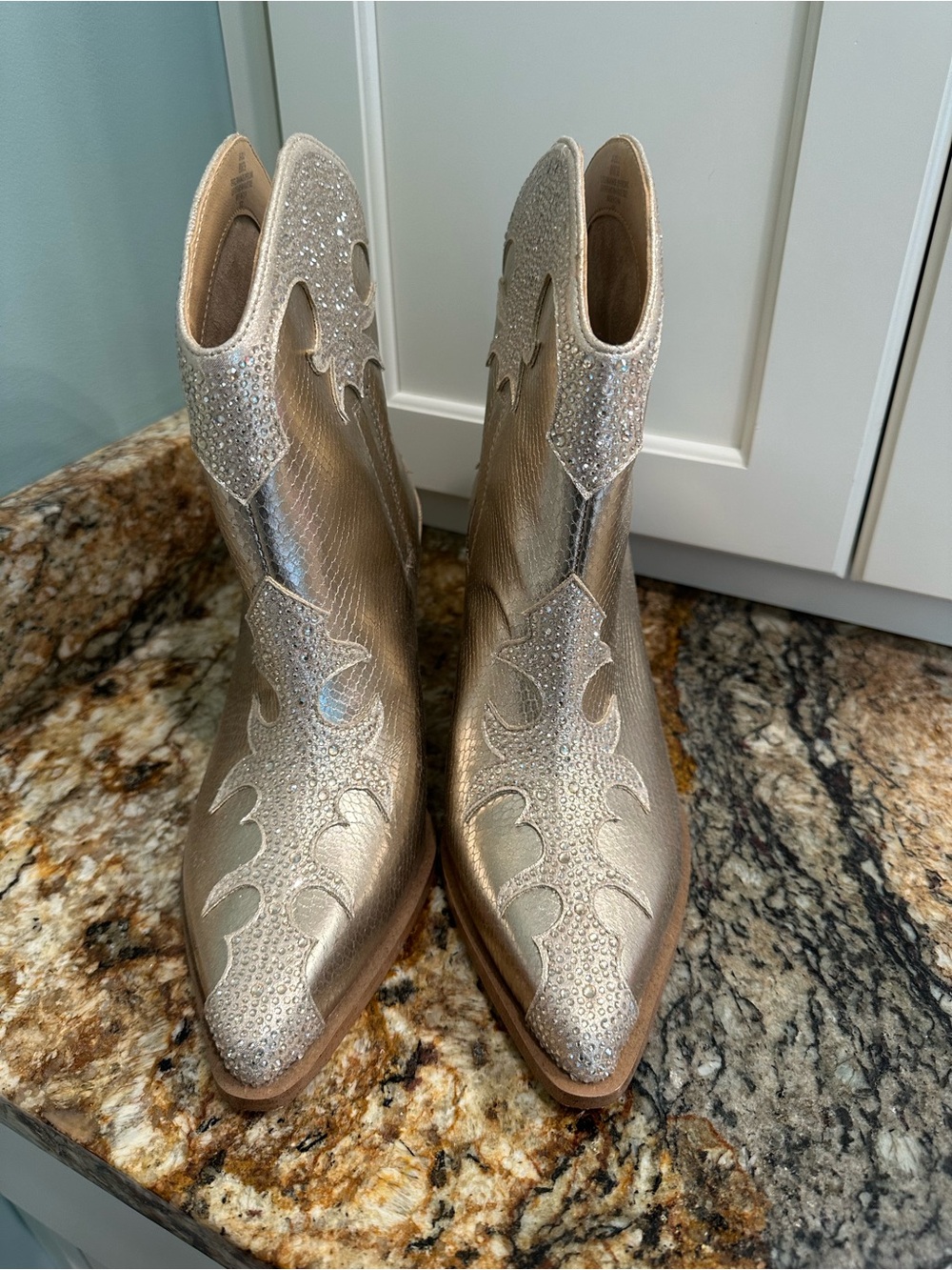 Jessica Simpson Metallic Gold Embellished Pointed Western Booties
